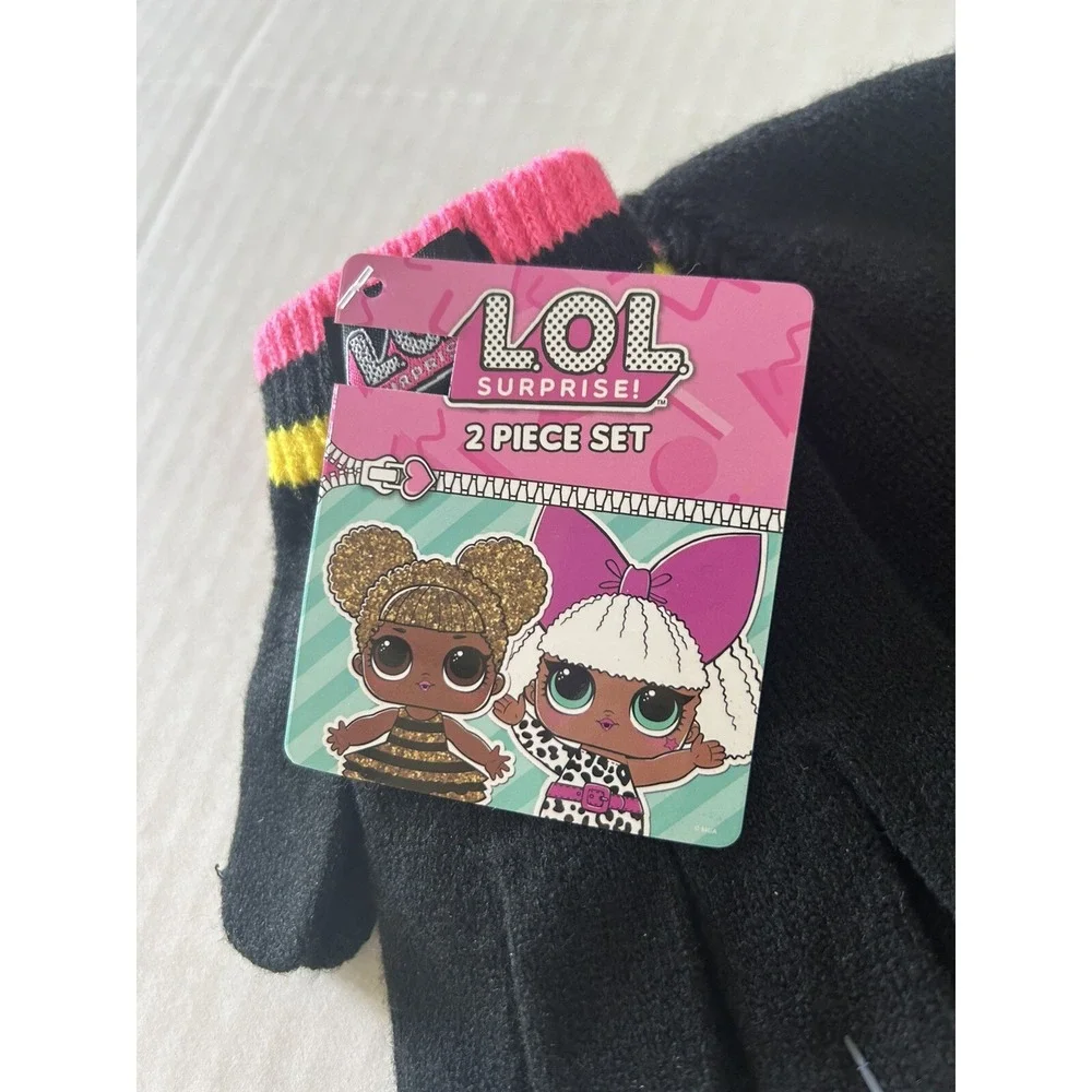 LOL Surprise Dolls Knit Hat Beanie &‎ Glove Set Kids New Unisex Black Pink BxX